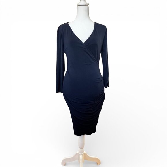 NWT Velvet Navy Faux Wrap Midi Dress M Ruched Surplice Anthropologie Career - Picture 2 of 11